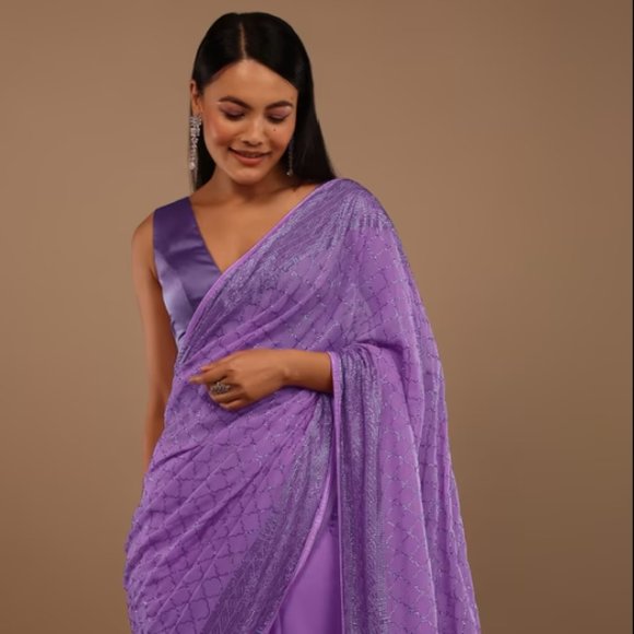 Purple Georgette Saree With Swarovski Stonework On The Borders - Kalki Fashion - Picture 1 of 6